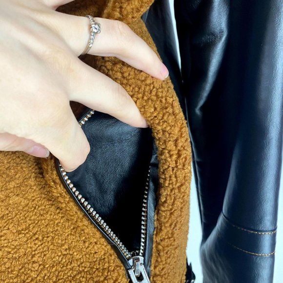 Missguided NWT Women's Size 10 Borg Brown Faux Leather Teddy Aviator Jacket - Picture 6 of 13